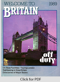 Off Duty Welcome to Britain Guide with photo of Tower Bridge, spotlighted in a purple sky. Click Here for PDF